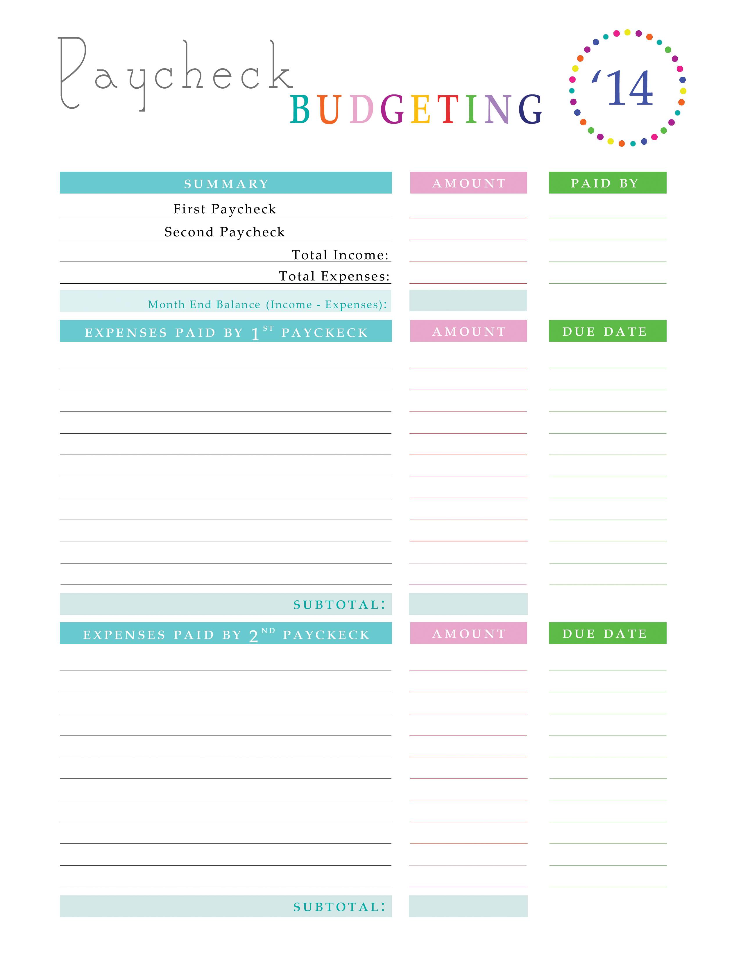 Free Printable Paycheck Budget Planner