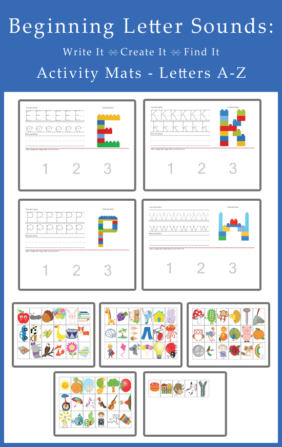 Beginning Letter Sounds, Write it, Create it, Find it -Activity Mats!! This 26 page printable isawesome for preschoolers! They are great on so many levels; handwriting practice, building blocks, and crafting!